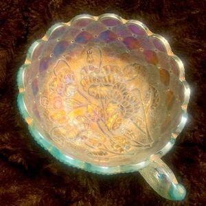 Vintage Imperial Carnival Glass Bowl with Handle. Iridescent with pansies.
